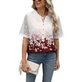 Women's V-neck floral chiffon blouse with white lace sleeves in red and white ombre. - S / Tops / Burgundy