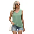 Women's casual green V-neck sleeveless tank top with loose fit for summer daily wear - Bean Green