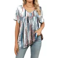 Camiseta estampada con cuello en V para mujer, corte holgado plisado con rayas. - Rayas Tie-Dye