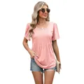 T-shirt rosa da donna a maniche corte scollo rotondo ampia con dettagli a pieghe estate - Rosa