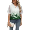 Stylish green floral gradient chiffon blouse for women featuring elegant lace sleeves and V-neckline - S / Tops / Dark Green