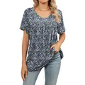 Camiseta de verano para mujer con cuello en V, estampado floral y manga corta - Patrón Floral Azul n.º 5