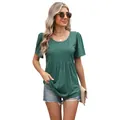 T-shirt casual verde da donna con scollo rotondo e pieghe, manica corta morbida - Verde Scuro