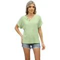 Women's light green V-neck eyelet knit short sleeve t-shirt with decorative side buttons - Fluorescent Green