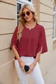Model wearing an elegant wine red round neck chiffon blouse with unique slit half-sleeves - Burgundy