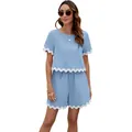 Blauwe tweedelige somerset met witte schulprand en ronde hals korte mouwen T-shirt - S / Top en Broek / Lichtblauw