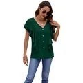 Elegant dark green V-neck ruffle sleeve button-down blouse for a stylish summer look - Dark Green