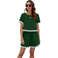 Tweedelige damesset met geschulpte rand, donkergroen T-shirt met korte mouwen en korte broek - S / Top en Broek / Donkergroen