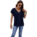 Navy blue ruffled flutter sleeve blouse with V-neck and buttons for summer fashion - S / Tops / Navy Blue