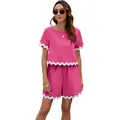 Pink two-piece summer set with white scalloped trim, including t-shirt and shorts - Rose Red