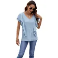 Elegant light blue summer blouse featuring ruffle flutter sleeves and a V-neck button-down front - S / Tops / Sky Blue