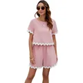 Zomerse roze tweedelige set met wit golvende bies t-shirt en korte broek voor dames - S / Top en Broek / Roze