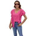 Elegant pink flutter ruffle sleeve V-neck blouse with single-breasted design for summer - S / Tops / Rose Red