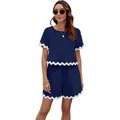 Navy blue two-piece summer set for women featuring decorative white scalloped trim - Navy Blue