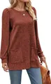 Women's terracotta ribbed knit loose tunic top with puff sleeves and front pockets - Caramel color