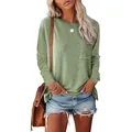 Casual groen dames t-shirt met lange mouwen, ronde hals, zijsplit en borstzak - S / Tops / Olijfgroen