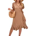 Elegant brown V-neck wrap dress with ruffled hem and waist tie for women's summer fashion style. - S / Bottoms / Khaki