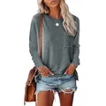 Women's casual loose long sleeve t-shirt with front pocket and side split in grey heather - S / Tops / Gray