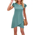Summer mini dress with ruffle butterfly sleeves and cross wrap hem in teal - S / Top And Bottom / Bean Green