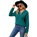 Sudadera con capucha verde azulado para mujer con cuello de cordones y tela con textura - S / Tops / Verde pavo real