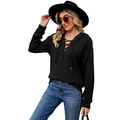 Elegante sudadera con capucha negra para mujer con escote de cordones y manga larga de moda - S / Tops / Negro