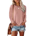 Casual women's crew neck long sleeve T-shirt with pocket in dusty pink, relaxed fit style - S / Tops / Pink
