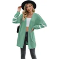 Casual green knit cardigan for women with white striped long sleeves and open front - S / Tops / Green