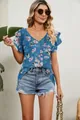 Summer floral V-neck top with double layer ruffle sleeves in comfortable loose fit style - Lily Pattern (Blue)