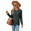 Women's long sleeve crewneck ribbed knit top with stylish tulip hem and button accents - S / Tops / Army Green