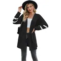 Stylish women's black long sleeve knit cardigan with contrast white sleeve stripes - S / Tops / Black
