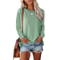 Casual los groen T-shirt met lange mouwen, ronde hals en zak voor dames - S / Tops / Bonengroen