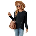 Damesgebreide top met lange mouwen, ronde hals en tulpzoom met knoopdetail - S / Tops / Zwart