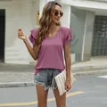Casual mauve V-neck T-shirt featuring stylish double-layered ruffle sleeves for summer wear - M / Tops / Burgundy