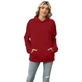 Casual women's oversized red hooded sweatshirt with front pocket on white background - Burgundy