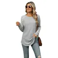 Women's casual grey round neck long sleeve t-shirt with striped contrast stitching sleeves - S / Tops / Light Gray