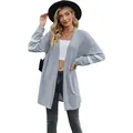 Casual women's grey long sleeve open front knitted cardigan with white sleeve stripes - S / Tops / Light Blue