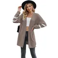 Casual women's long sleeve knit cardigan jacket with contrast white sleeve stripes - S / Tops / Khaki