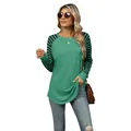 Stylish women's green long sleeve t-shirt featuring black striped raglan sleeves and round neck - S / Tops / Green