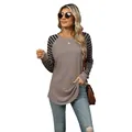 Women's taupe long sleeve t-shirt with black striped raglan sleeves and curved hem. - Coffee