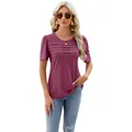 Women's deep mauve U-neck short sleeve T-shirt with chest pleats on white background - Burgundy