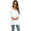 Dettaglio della tunica bianca con scollo a V e vita arricciata su modella - Taglia S / Top / Bianco