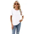 Elegante camiseta blanca de mujer con cuello en U y detalles de pliegues cortos - S / Top (3116) / Blanco