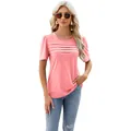 Women's casual coral pink short sleeve T-shirt with pleated front and U-neckline - Pink