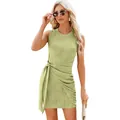 Vestido corto de punto sin mangas verde salvia con cuello redondo y lazo - Amarillo Neón
