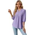 Elegante blusa lavanda con cuello en V, mangas abullonadas 3/4 y tejido jacquard - Púrpura