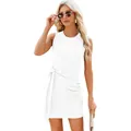 Elegant white sleeveless knitted dress with pleated waist tie design for women - S / White