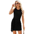 Elegant sleeveless round neck black ruched tie-waist knit mini dress for women's summer - S / Black