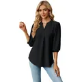 Elegante blusa negra de jacquard con cuello en V y manga de tres cuartos para mujer - S / Tops / Negro