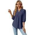 Elegante blusa azul de jacquard con cuello en V, manga 3/4 y un cómodo ajuste holgado - Azul Marino