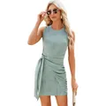 Vestido corto de punto verde menta sin mangas con cuello redondo y detalle de lazo lateral - Verde Frijol
